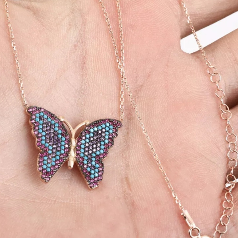 Turquoise ruby & amethyst gold butterfly necklace